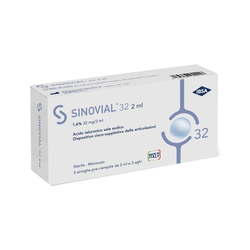 SIRINGA INTRA-ARTICOLARE SINOVIAL 32 ACIDO IALURONICO SALE SODICO 1,6% 32MG/2ML 3 SIRINGHE X 2ML + 3 AGHI