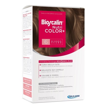BIOSCALIN NUTRICOLOR PLUS 6 BIONDO SCURO CREMA COLORANTE 40 ML + RIVELATORE CREMA 60 ML + SHAMPOO 12 ML + TRATTAMENTO FINALE BAL